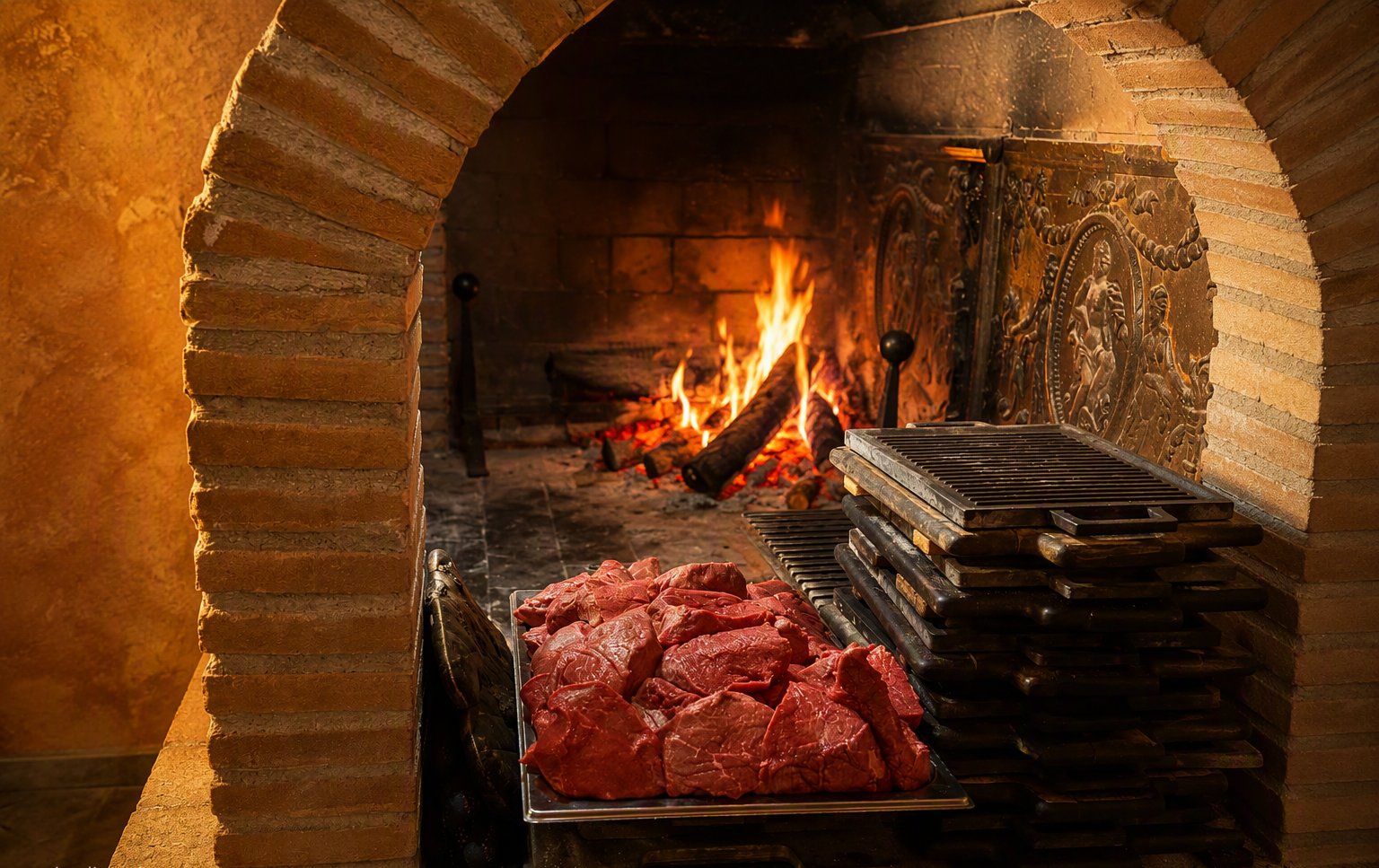 Il camino in mattoni con la brace e la carne pronta per la griglia