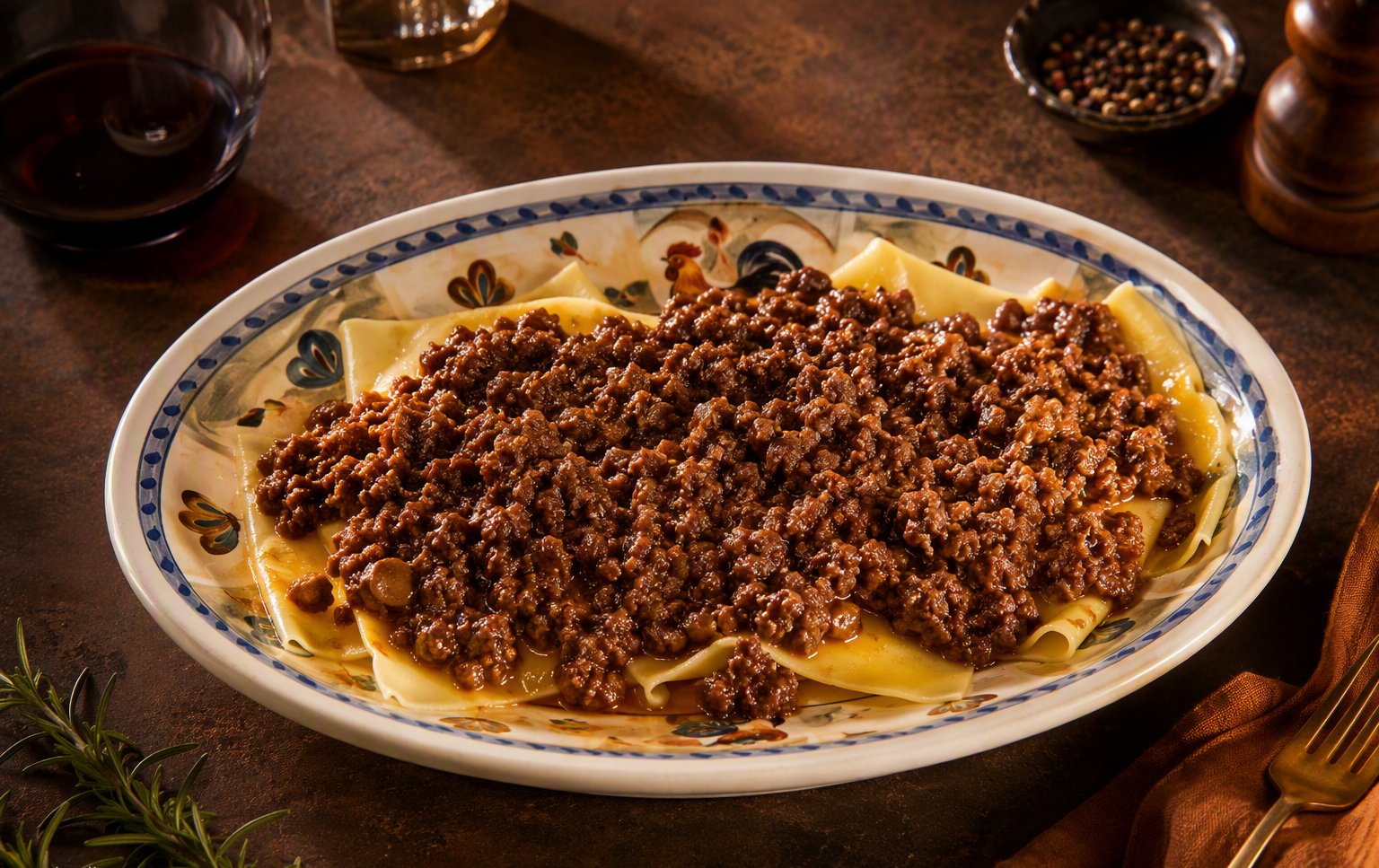 Pappardelle al ragù sul piatto di ceramica col gallo